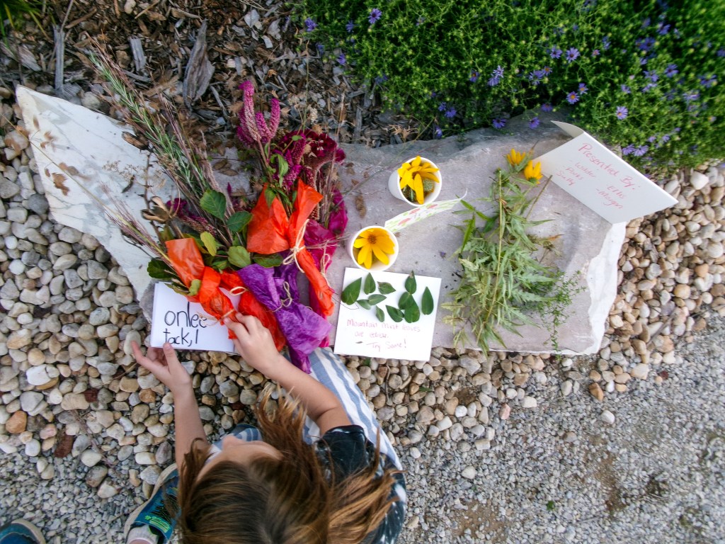 A child arranging colorful flowers and leaves on a stone surface, with handwritten notes nearby, in a garden setting.